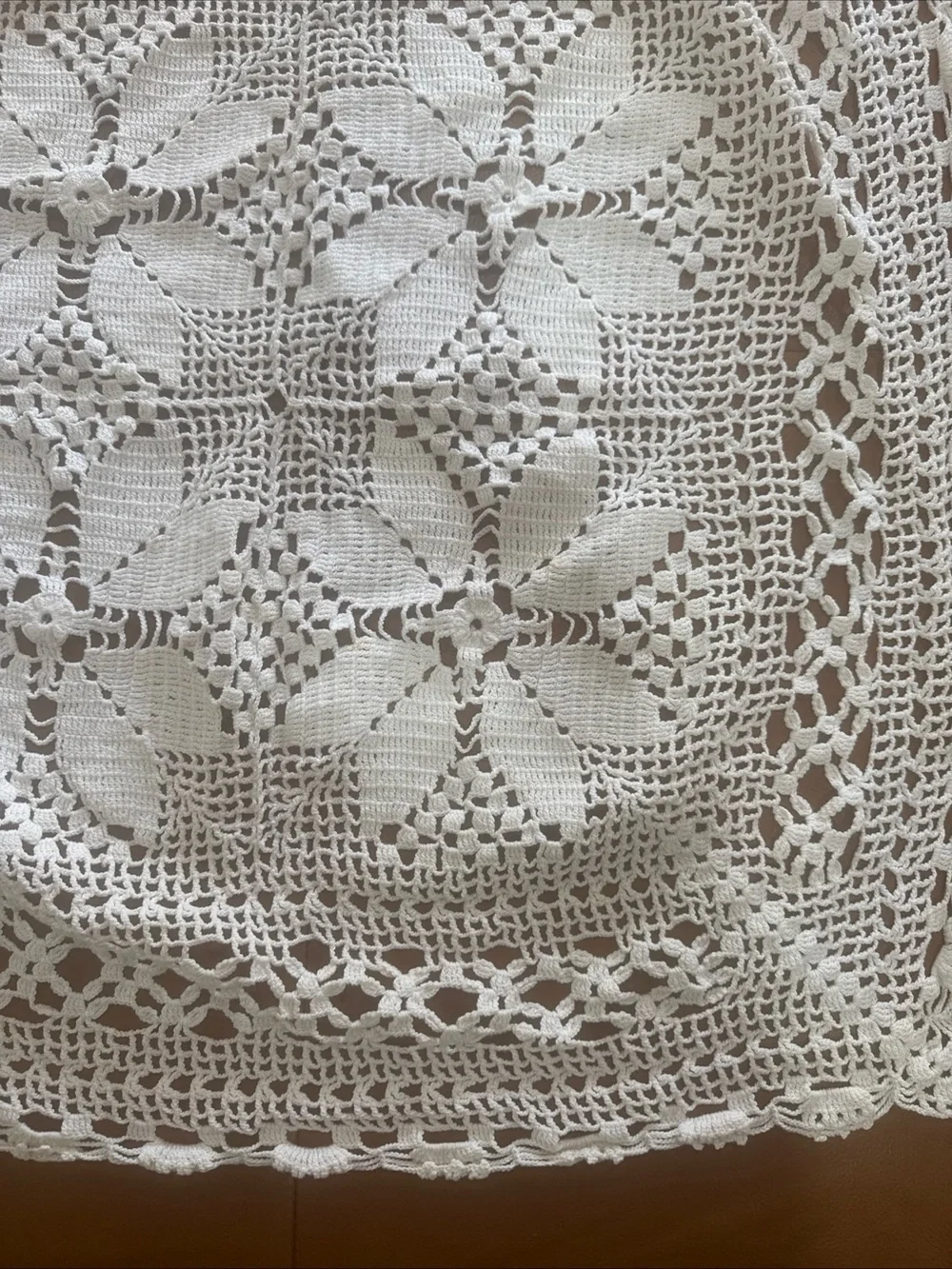 Vintage Hand Crocheted White Table Topper Doily 26x27 Square Lace Centerpiece